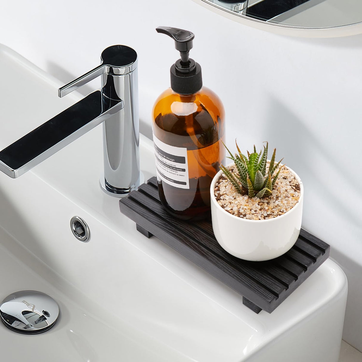 Small Black Bathroom Decor Tray for Counter Dish Soap Holder Wooden Pedestal Stand for Kitchen Sink Soap Dispenser Wood Risers Kitchen Accessories Countertop Vanity Counter Sponge Sink Tray Renawe