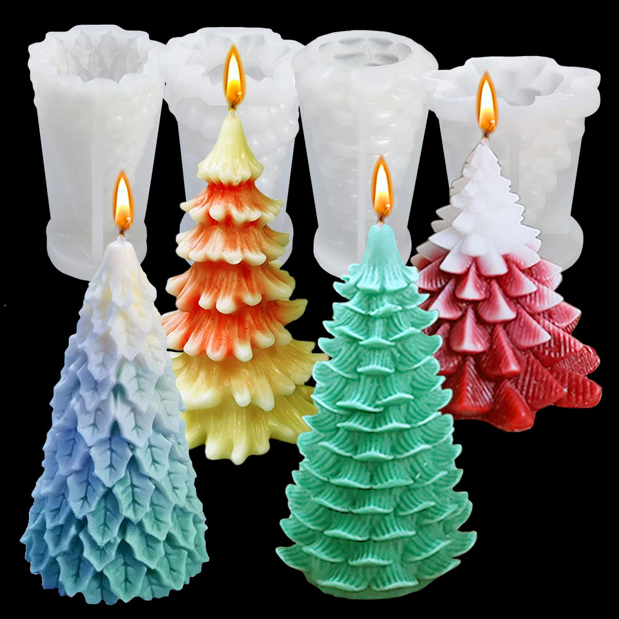 4PCS Christmas Tree Silicone Mold, 3D Candle Molds for Candle Making, Tree Shaped Silicone Epoxy Resin Mold, Ornament Mould for DIY Wax Candle Soap Art Craft Cake Chocolate Home Decor Wehous