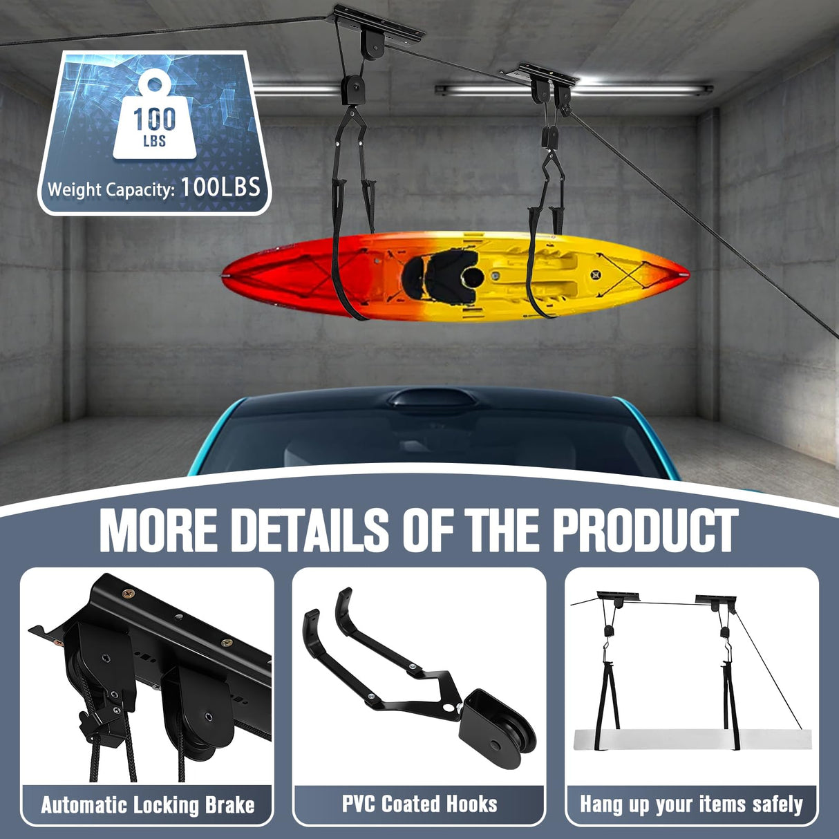 LIYYOO Garage Pulley Lift System, Ceiling Storage Hoist, For Cargo Box/Kayak/Bike/Ladders,Heavy Duty Holds 100 lbs, Fits 8-10 ft Tall Garage Ceilings LIYYOO