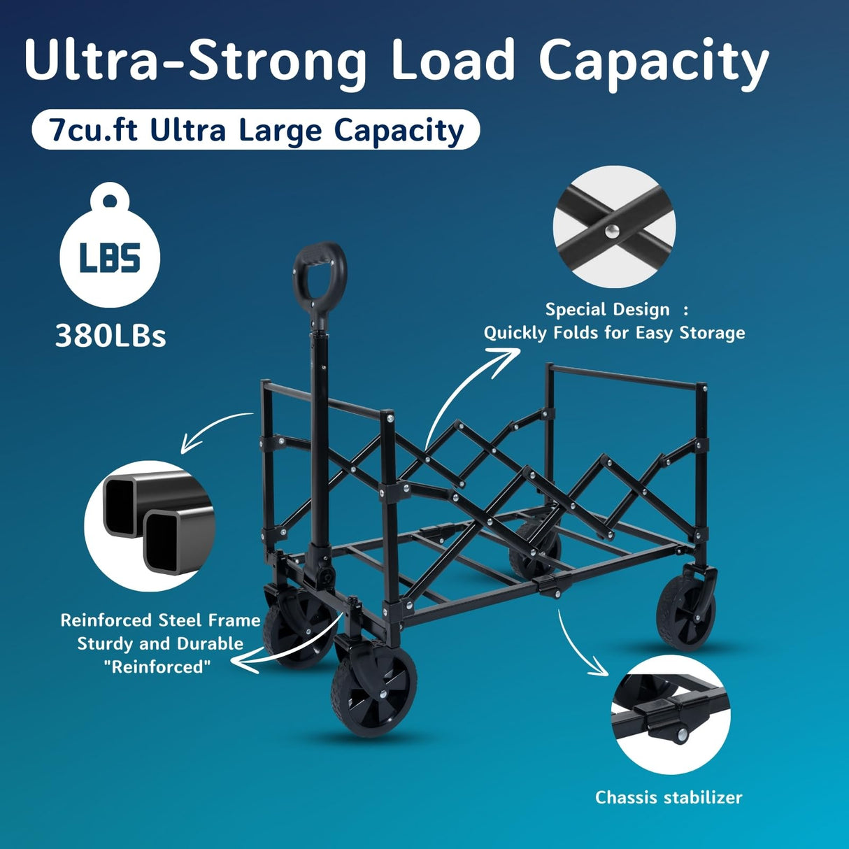RoveStep Collapsible Folding Wagon - Heavy Duty Utility Cart, Large Capacity, Compact Fold, All-Terrain Wheels, 380 lbs Load for Camping, Garden, Beach, Outdoor Sports, Shopping, Picnic, Easy Storage RoveStep