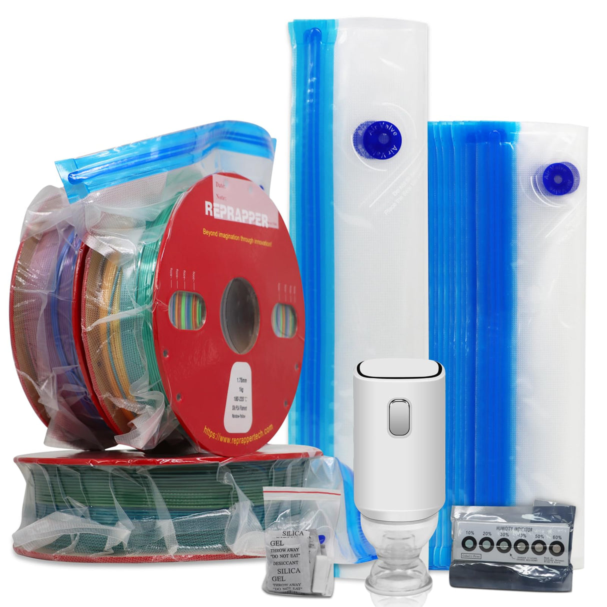 RepRapper Filament Storage Bag Vacuum, Drying Sealed 16 Cleaning Bags with Two Sizes for 3D Printer Filament with Automatic Pumps/Humidity Indicator Cards/Clips/Desiccants RepRapper