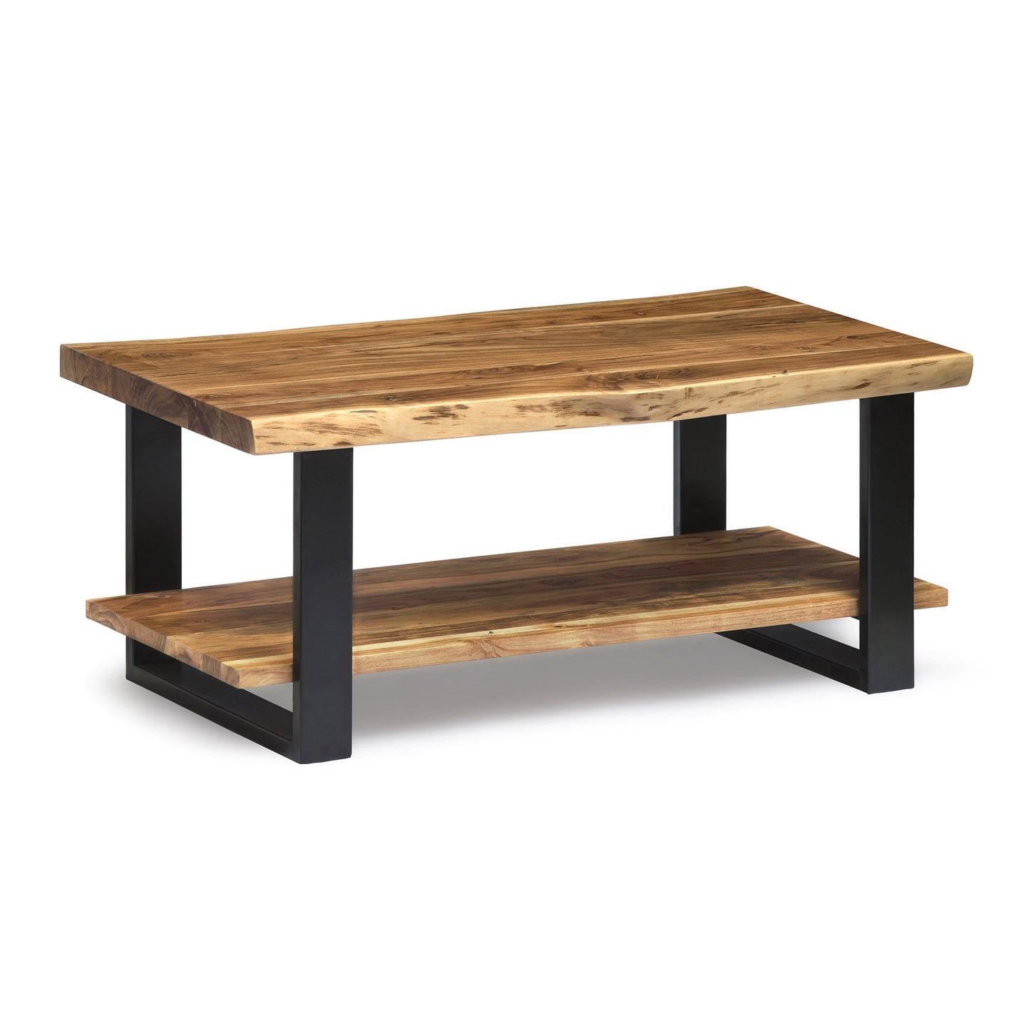 Alaterre Furniture Alpine Natural Wood Live Edge Coffee Table w/ Metal Strap Legs, Brown, Black Metal Accents, Unique Imperfections, Clear Natural - WoodArtSupply