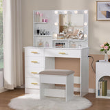 ANWBROAD Makeup Vanity Desk with Mirror and Lights Power Outlet 35.5" Vanity with Glass Top Dresser 3 Lighting Modes Brightness Adjustable White Vanity Desk with Drawers Shelves Bedroom Stool UBDT64W ANWBROAD
