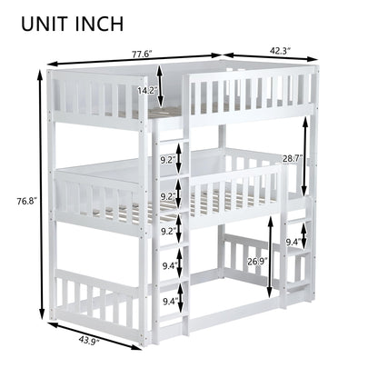 VilroCaz Modern Twin Over Twin Over Twin Triple Bunk Bed, Rubber Wood Detachable Triple Twin Bunk Bed Frame, 3-in-1 Bunk Beds with Ladder and Guardrails for Kids Teens, Maximize Space (White-ON)