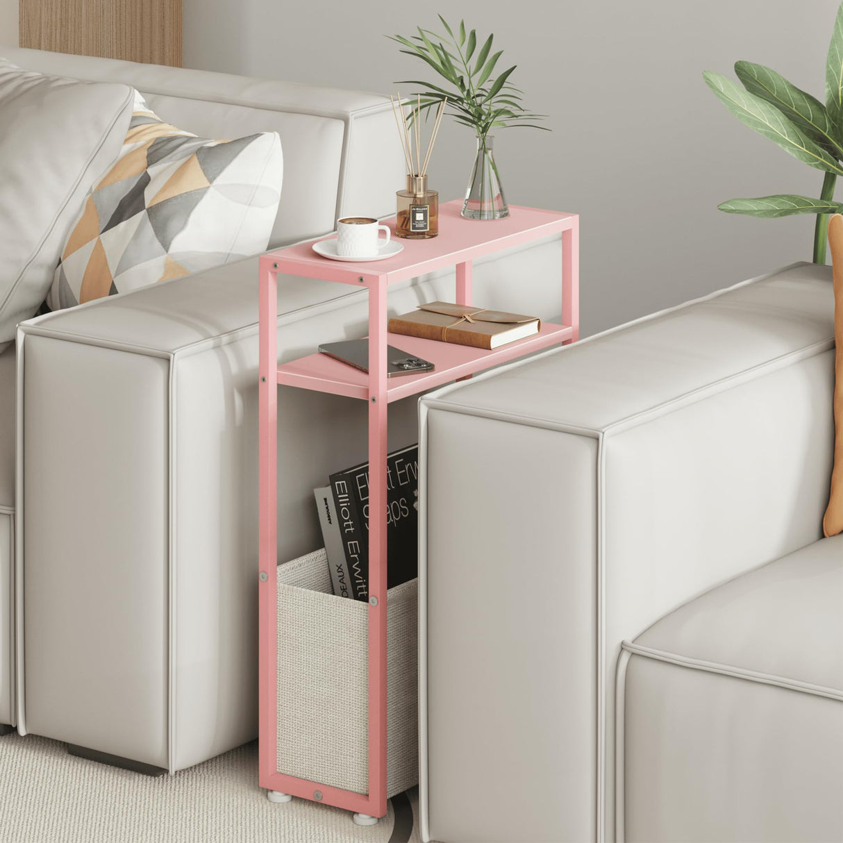 Leomonio Narrow Side Table, Slim End Tables with Fabric Basket, Skinny Table for Small Spaces, Thin Bedside Table for Living Room, Bedroom (1, Jelly Pink + Cream White) Leomonio