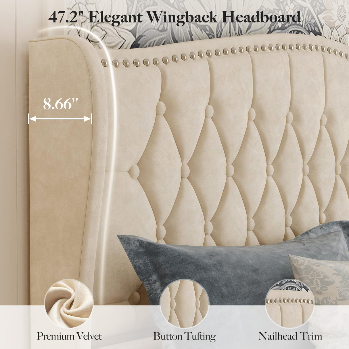 Belffin Queen Bed Frame with Headboard, Luxury Upholstered Velvet Platform Bed with Wingback, Button Tufted & Nailhead Trim, Anti-Slide Tall Footboard, No Box Spring Needed, Noise-Free, Beige Belffin