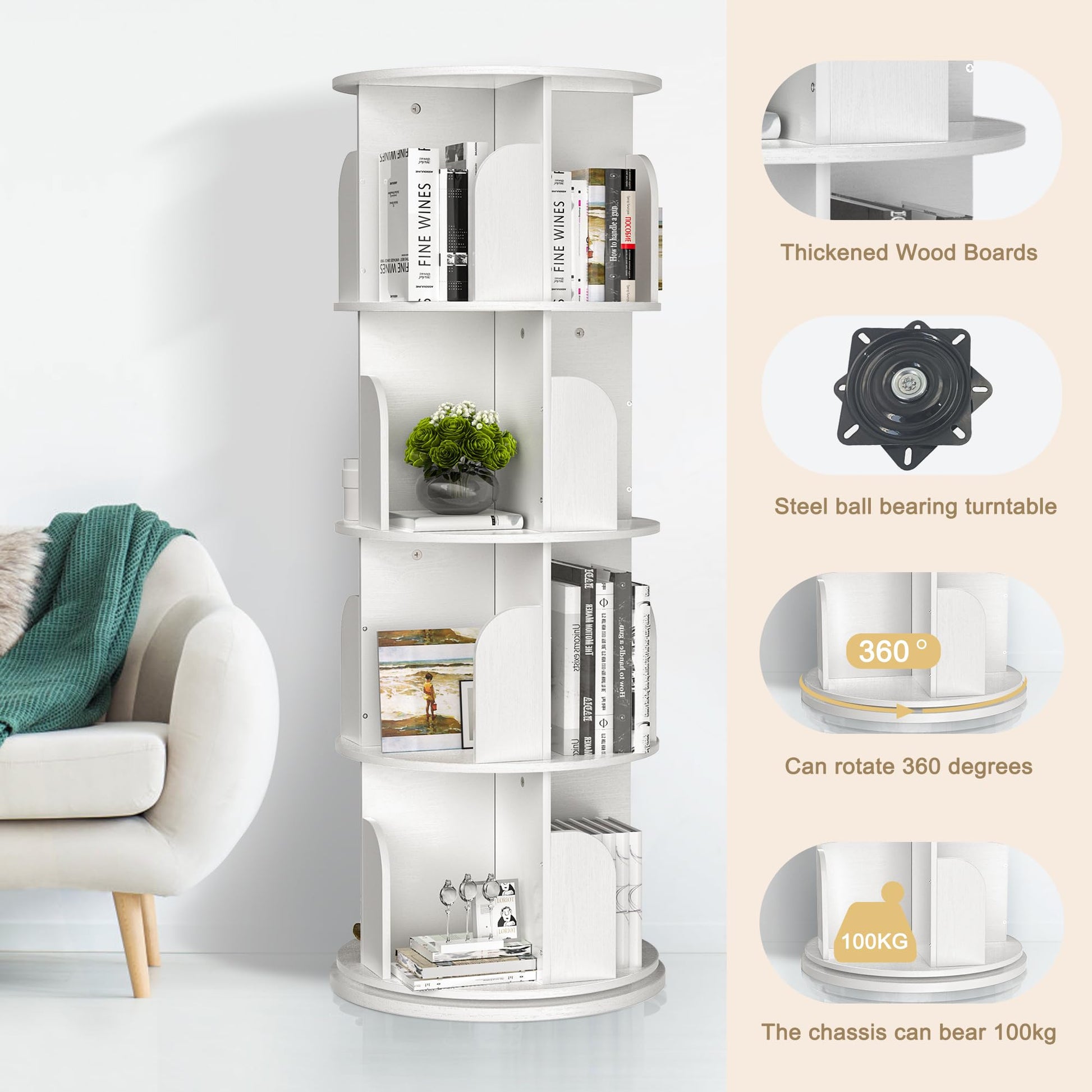 LAZEYARD 360° Rotating White Bookshelf - 4 Tier Floor Standing Storage Rack for Small Spaces - WoodArtSupply