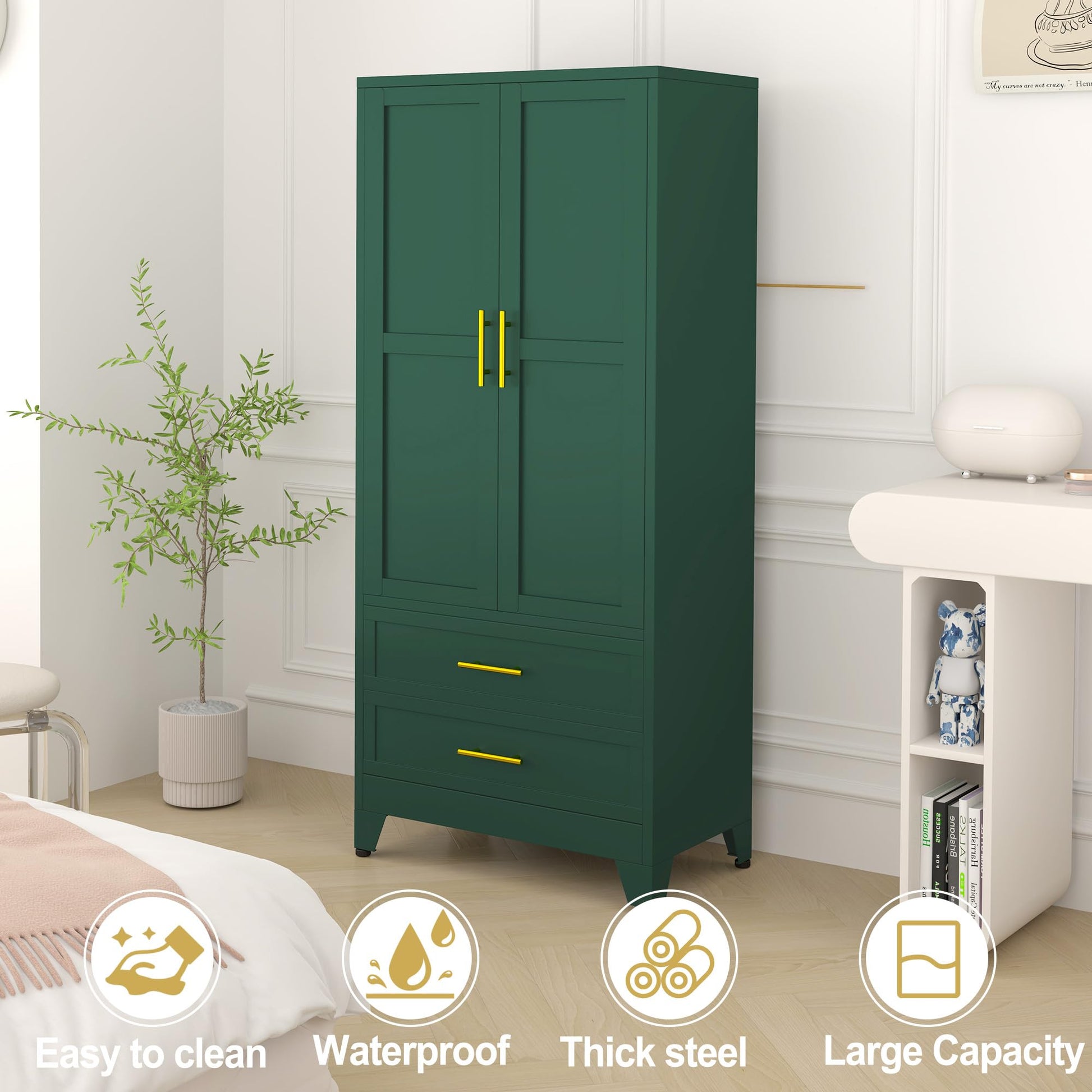 RISTERN 71” Metal Storage Cabinet with 2 Doors, 1 Adjustable Shelf and 2 Draws, Armoire Wardrobe Closet with Hanging Rods for Home Office, Bedroom, Living Room (Green) - WoodArtSupply