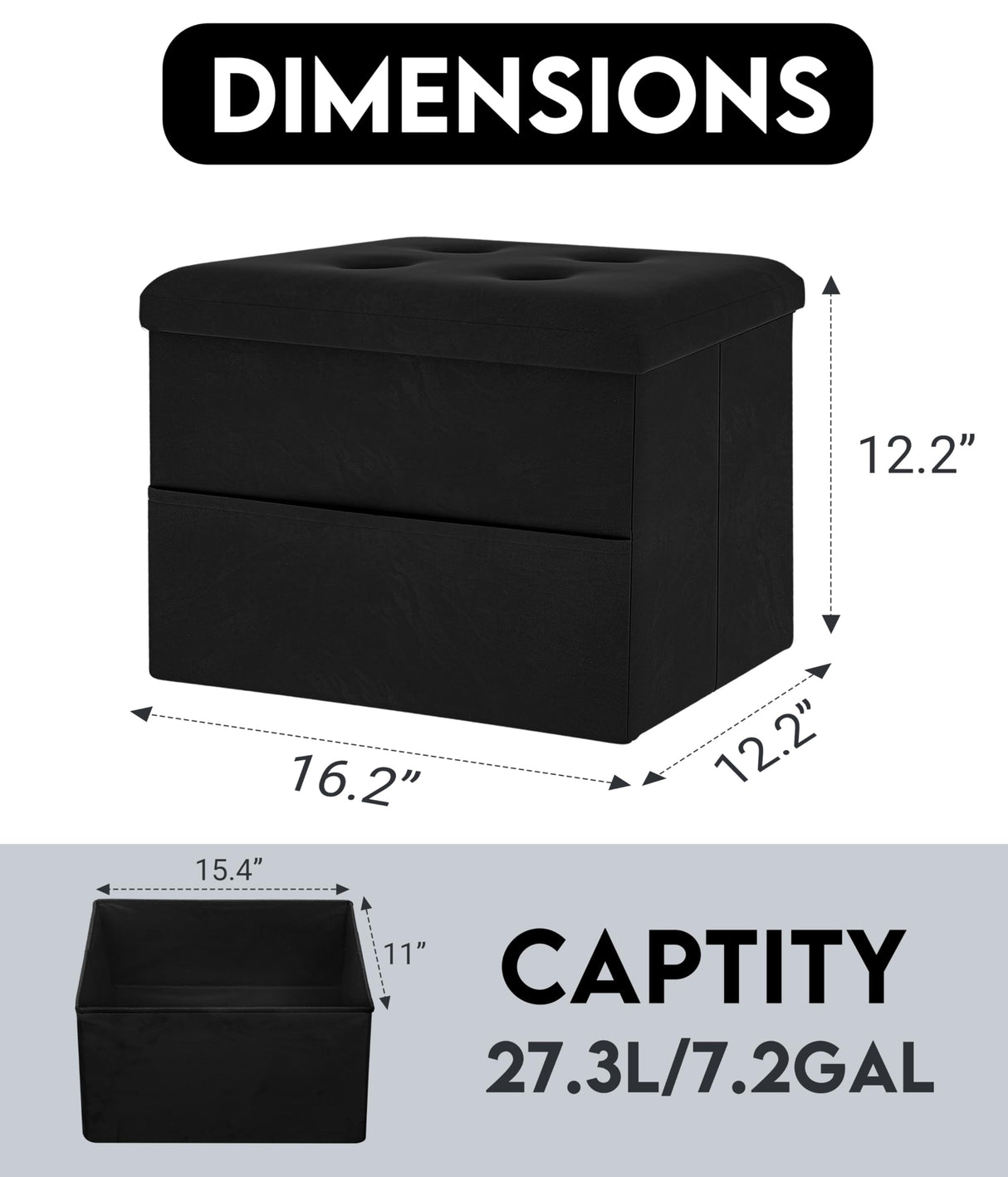 ZOES HOMEWARE Small Storage Ottoman Foot Rest, Velvet Ottoman with Storage and Side Pocket, Black Foot Rest for Couch, Foldable Footstool Ottoman for Chair,Living Room&Dorm, 16"x12"x12" Black ZOES HOMEWARE