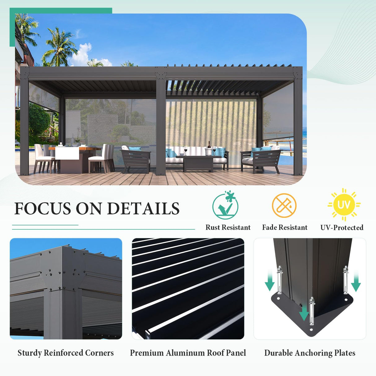 YOLENY Louvered Pergola and 6 Pull-Down Screens, 10x20FT All Aluminum Pergola with Adjustable Rainproof Roof, Outdoor Sun Shade Shelter for Patio, Weatherproof, Dark Gray YOLENY