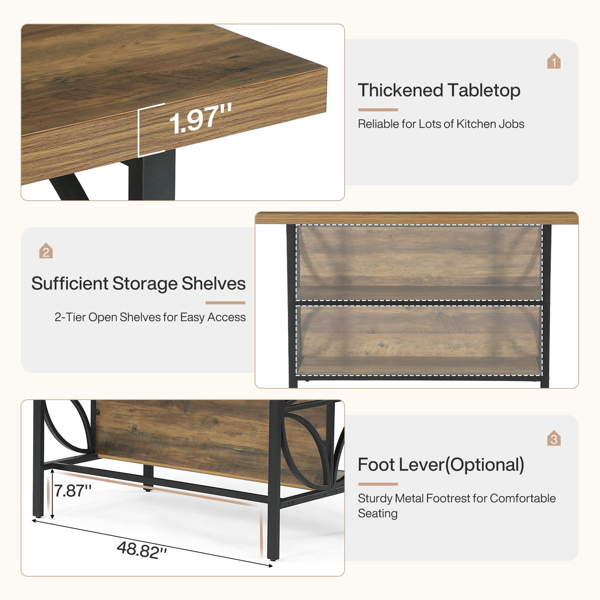 Tribesigns Kitchen Island with Storage, 62.99-Inch Kitchen Island Table with 2 Shelves and Large Worktop, Industrial Bar Table, Easy to Assemble, Rustic Brown (Stools Not Included) Tribesigns