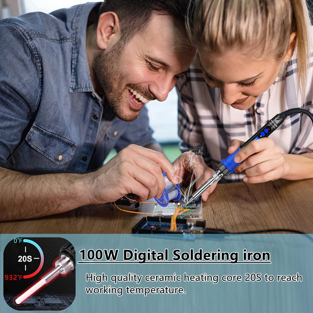 KEPIOG Soldering Iron Kit, High Power 100W Soldering Iron Fast Heating, Circuit Board Soldering Repair Tools with Magnifying Glass Soldering Helper, 12 in 1 Adjustable Digital Soldering Kit. KEPIOG
