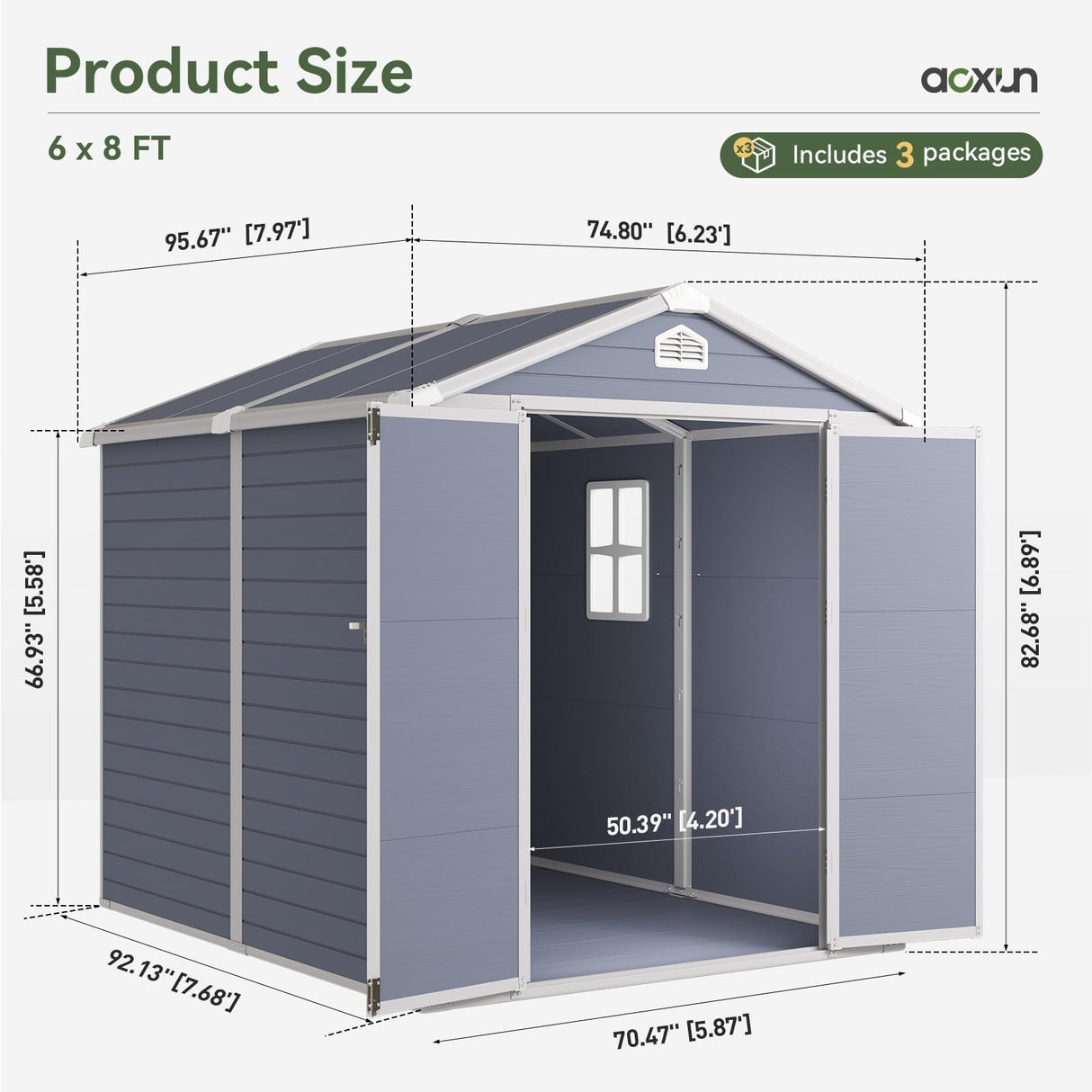 Aoxun 8 x 6 FT Outdoor Storage Shed with Window, Resin Shed with Floor & Lockable Doors, Garden Shed Waterproof Plastic Tool Shed with Sloped Roof for Backyard, Garden, Patio, Lawn, Grey Aoxun