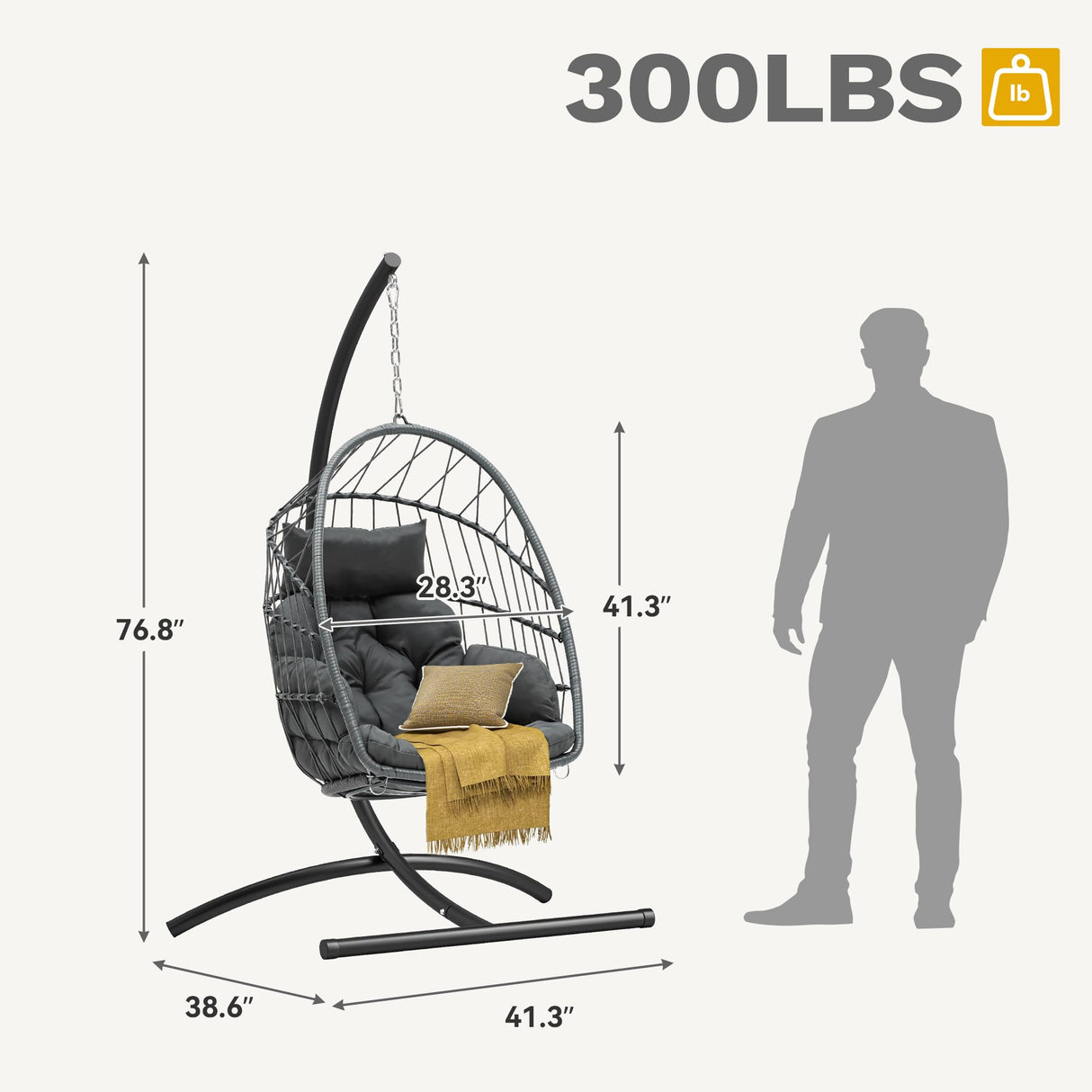 DWVO Egg Chair with Stand, Hanging Outdoor Rattan Wicker Patio Hammock Indoor Egg Chair with Cushion, Hanging Swing Chair 350lbs for Porch, Garden, Bedroom, Balcony, Gray DWVO