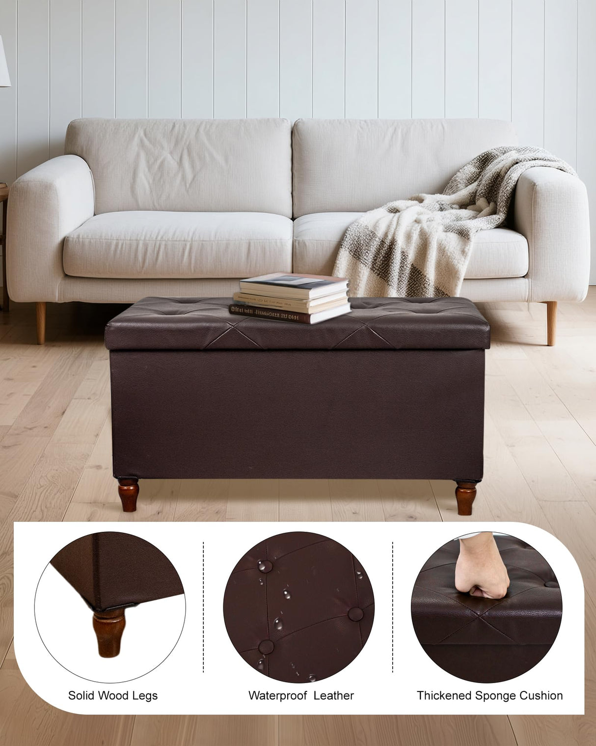 GLAXYFUR 30 Inches Storage Ottoman Bench with Wooden Legs, Faux Leather Folding Ottoman Foot Rest, Storage Bench for Living Room, Hallway & Bedroom, Upgrade Large Capacity (Engineered Wood, Brown) GLAXYFUR