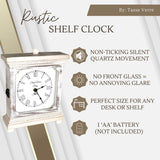 Tasse Verre Rustic Shelf Clock (Quiet) for Living Room Mantel, Table, Or Desk 9" X 7" Farmhouse Decor Distressed White Washed Wood Silent - Office Fireplace. AA Battery Operated Non-Digital, Tan Tasse Verre