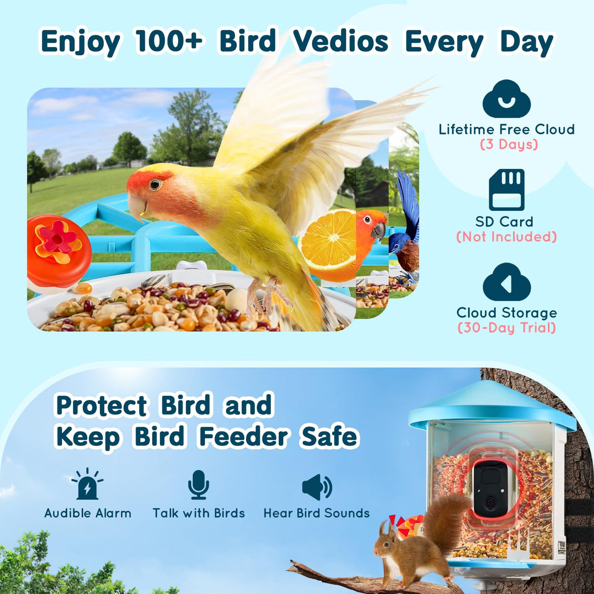 VEVOR Bird Feeder with Camera, Smart Bird House Camera Solar Powered, Wireless Vedio Birdhouse with AI Identify Resolution, 2K Full HD, Auto Detect & Notify, Ideal Present Choice for Bird Lover VEVOR