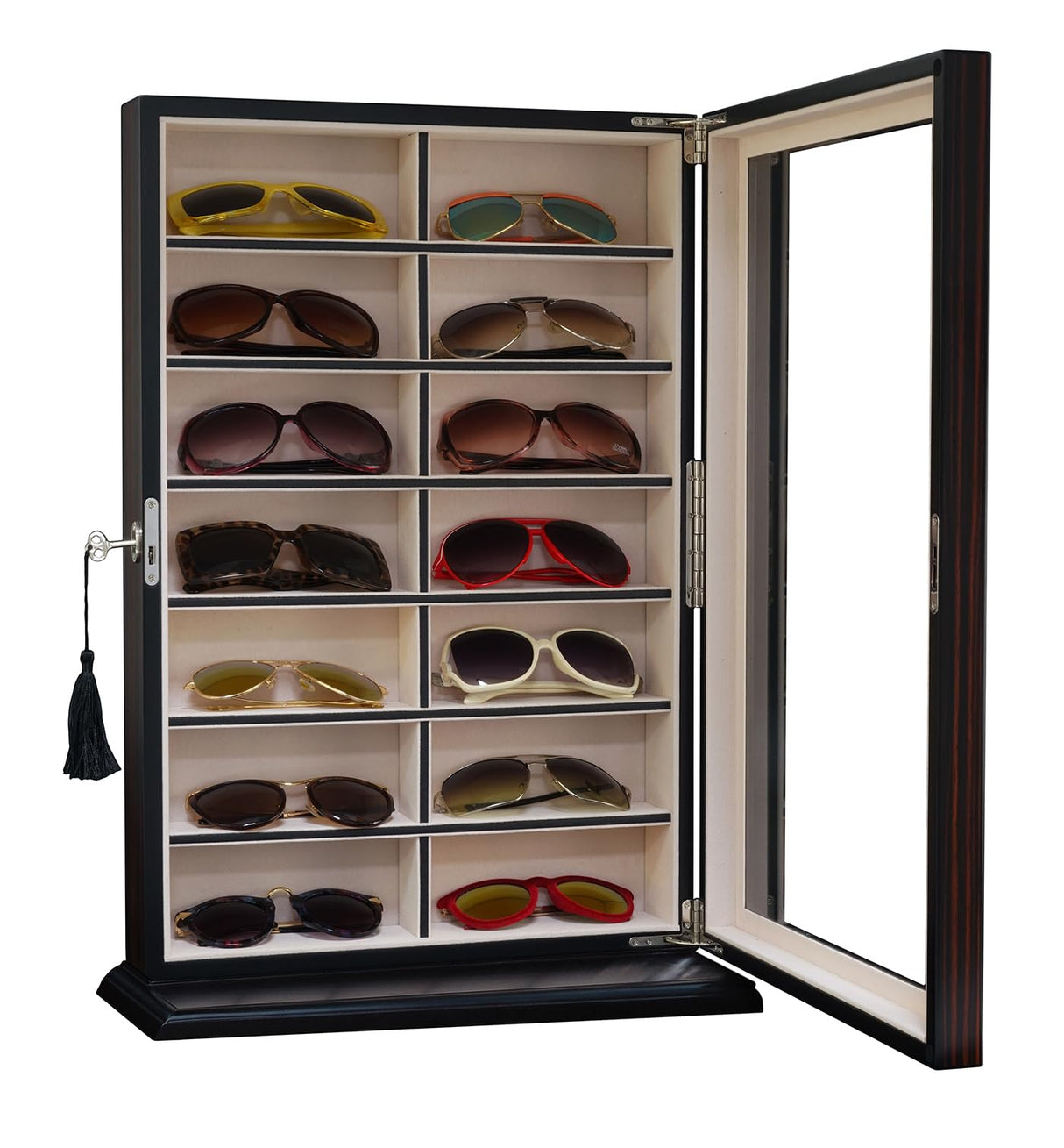 TIMELYBUYS 14 Piece Large Ebony Wood Eyeglass Sunglass Display Wall Hanging Case and Storage Organizer Box and Stand TIMELYBUYS