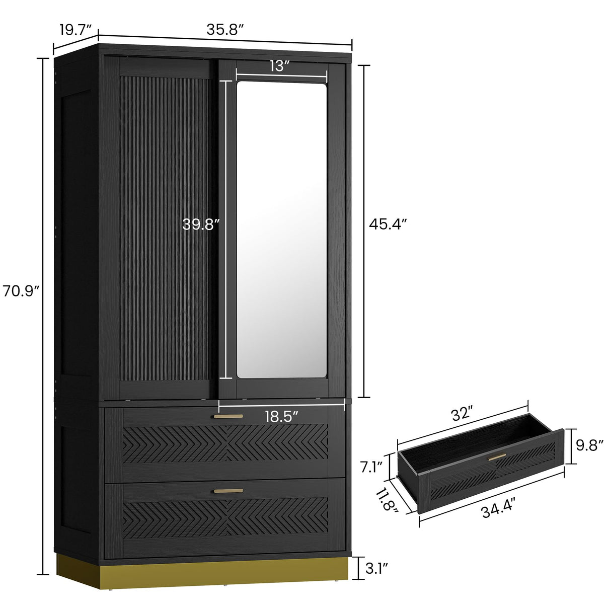 71" Modern Armoire Wardrobe Closet with Mirror, 2-Door Tall Wardrobe Closet with Sliding Doors 2 Large Drawers Hanging Rod Anti-Tip Kit Freestanding Closets for Bedroom, Apartment, Cloak Room ANCTOR
