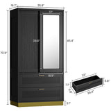 71" Modern Armoire Wardrobe Closet with Mirror, 2-Door Tall Wardrobe Closet with Sliding Doors 2 Large Drawers Hanging Rod Anti-Tip Kit Freestanding Closets for Bedroom, Apartment, Cloak Room ANCTOR