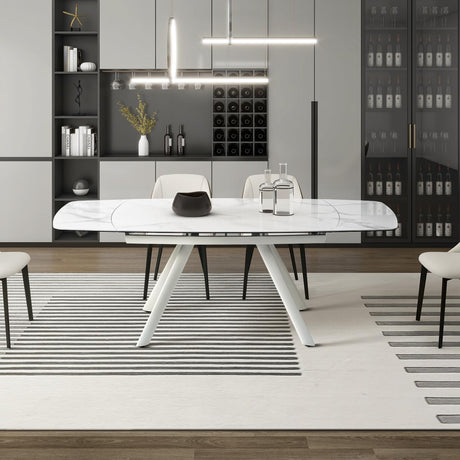 Extendable Dining Table for 6-8 Seat, 55.1'' to 82.7'' Sintered Stone Oval Kitchen Table, Modern Dining Room Table with Rounded Corner for Kitchens, Dining Room, Office Areas(White Glossy Tabletop) SIMTONAL