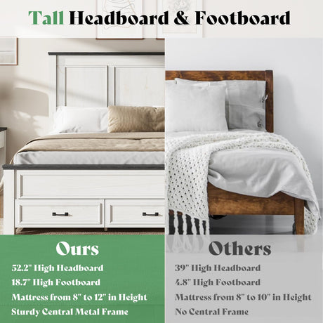 AMERLIFE King Size Bed Frame with 52.2" Tall -Panel Headboard & Footboard, Farmhouse Wood Platform Bed Frame with 3 Large Storage Drawers, Noiseless, No Box Spring Needed, Rustic White AMERLIFE