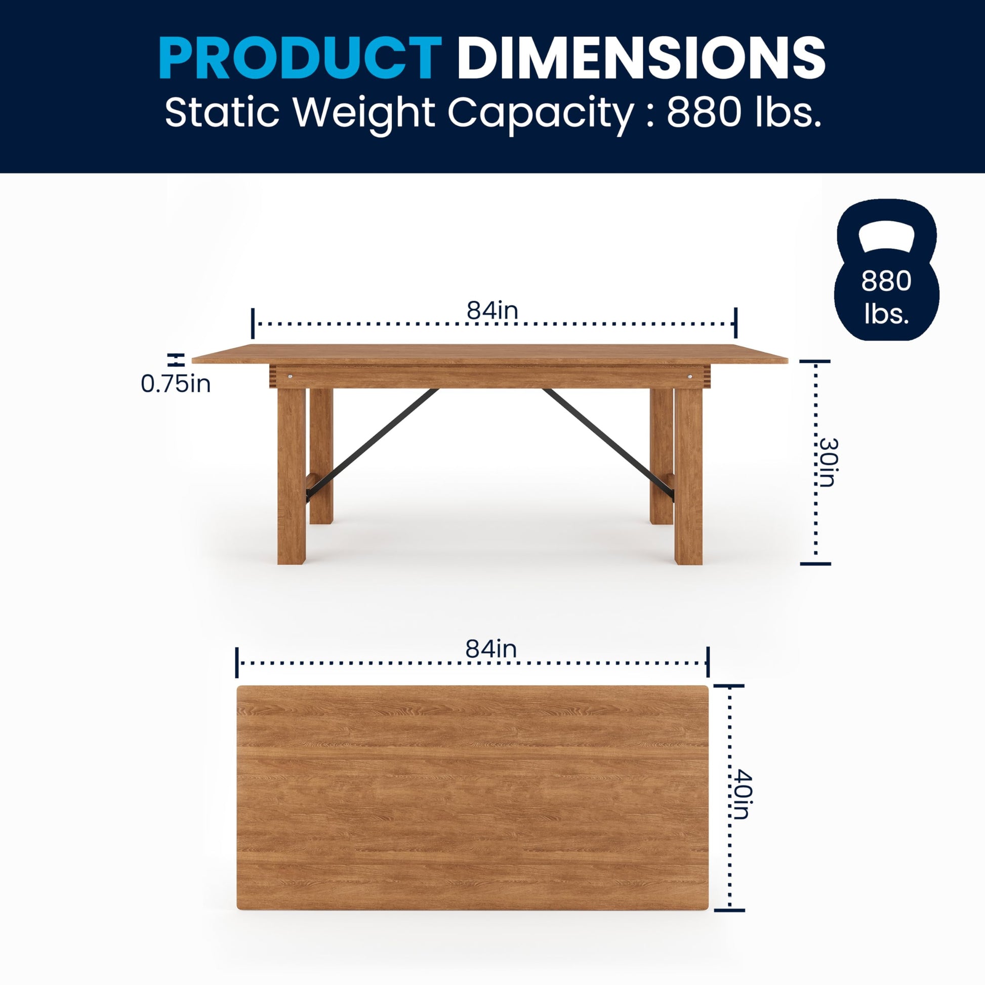 Flash Furniture Hercules Series 7' x 40" Rustic Solid Pine Folding Dining Table, Rectangular Antique Farmhouse Dining and Event Extension Table - WoodArtSupply