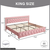 King Size Bed Frame, Faux Leather Upholstered Bed with Diamond Tufted Headboard, Modern King Size Bed with Wooden Slats Support, No Box Spring Required, Easy Assembly, Pink BarnFurin
