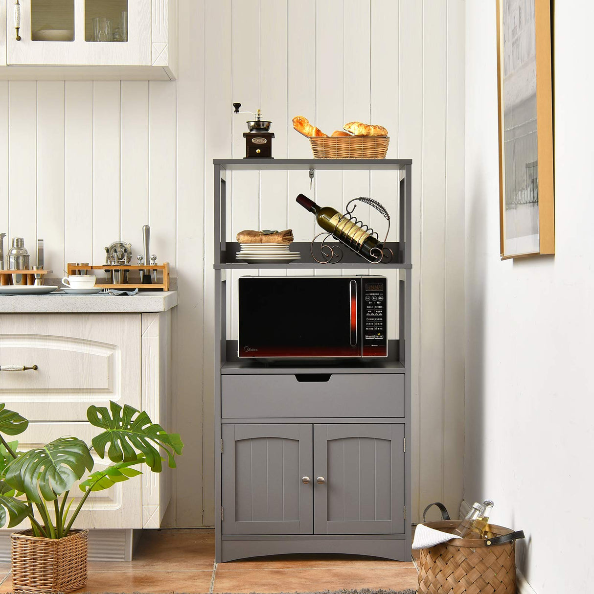 Tangkula Bathroom Floor Cabinet with Drawer, 2 Open Shelves and Door Cupboard, Multipurpose Free Standing Storage Cabinet for Bathroom Kitchen Living Room, 24 x 13 x 48 inch (Grey) Tangkula