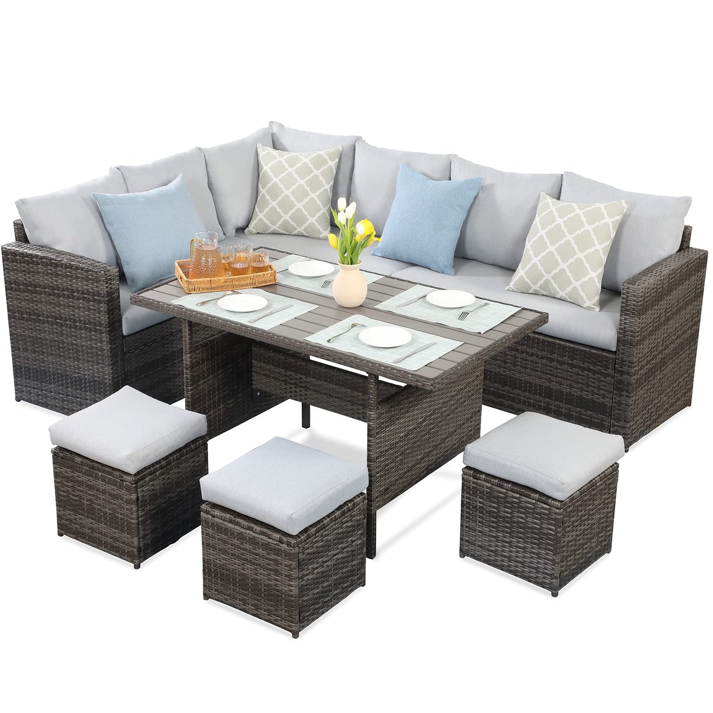 Wisteria Lane Outdoor Patio Furniture Set, 7 Piece Wicker Rattan Outdoor Dining Set with Dining Table and Ottomans, Patio Table and Chairs Set, Outdoor Sectional, Grey - WoodArtSupply