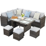 Wisteria Lane Outdoor Patio Furniture Set, 7 Piece Wicker Rattan Outdoor Dining Set with Dining Table and Ottomans, Patio Table and Chairs Set, Outdoor Sectional, Grey Wisteria Lane
