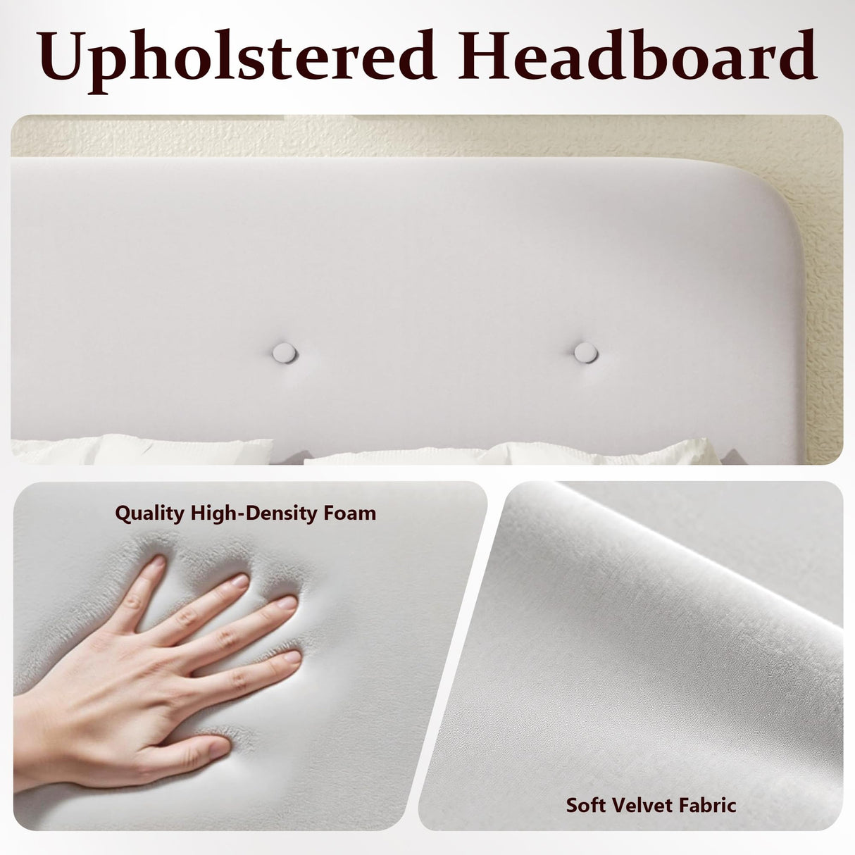 King Size Platform Bed Frame with Velvet Upholstered Headboard, Button Tufted Headboard and Footboard, Anti-Collision Soft Rounded Corners, No Box Spring Needed, Easy Assembly, Light Gray viplov