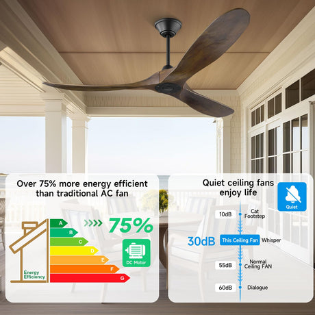 NWIASS 70 Inch Outdoor Ceiling Fans for Patios, Modern Ceiling Fan No Light with Remote Solid Wood Ceiling Fan Damp Rated, 3 Blade Large Ceiling Fan for Indoor High Low Sloped Ceiling, DC Ceiling Fan NWIASS