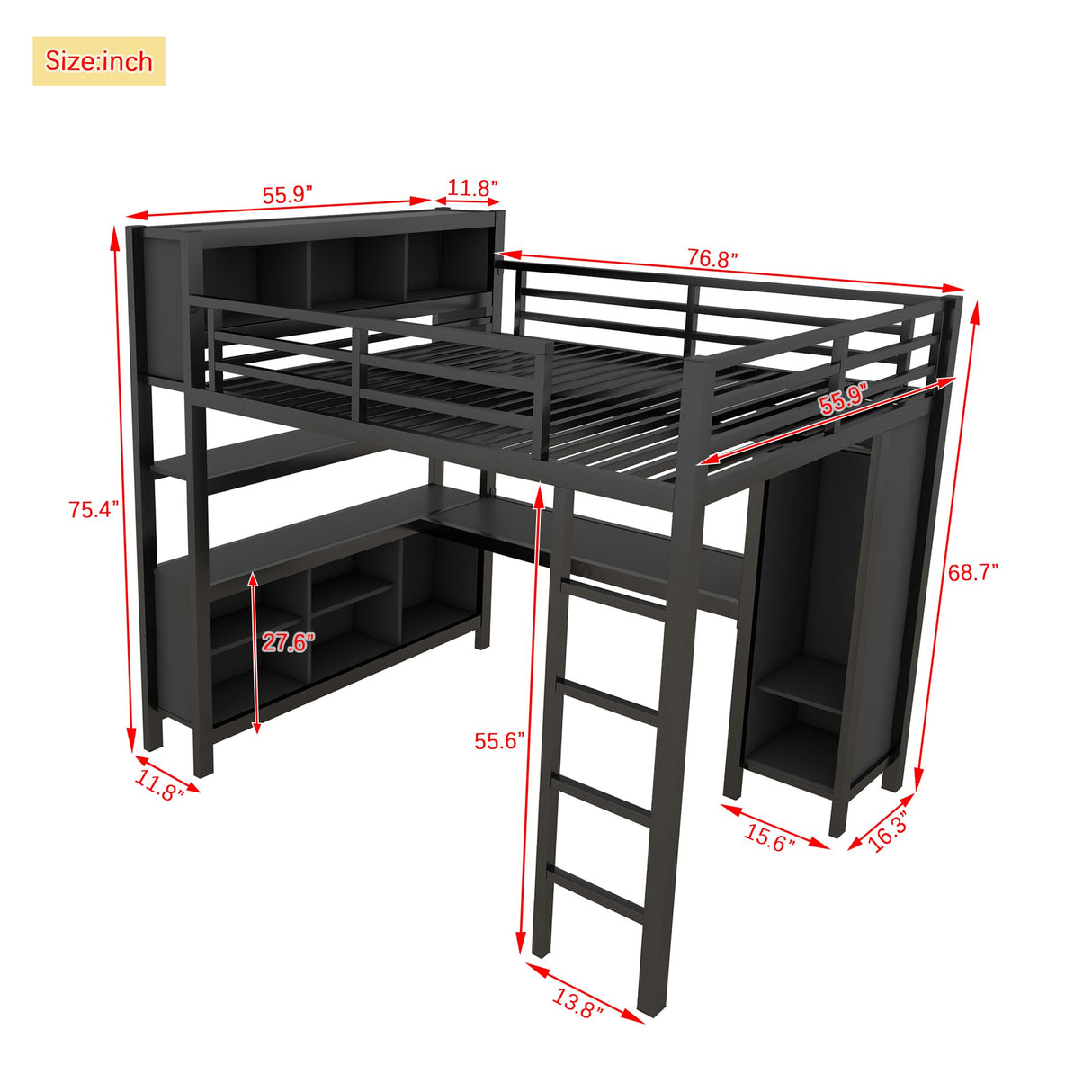 Full Size Loft Bed with Wardrobe and Storage Cubes, Heavy Duty Loft Bed with Desk, Storage Shelf and Guardrail, Black Bellemave