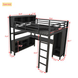 Full Size Loft Bed with Wardrobe and Storage Cubes, Heavy Duty Loft Bed with Desk, Storage Shelf and Guardrail, Black Bellemave