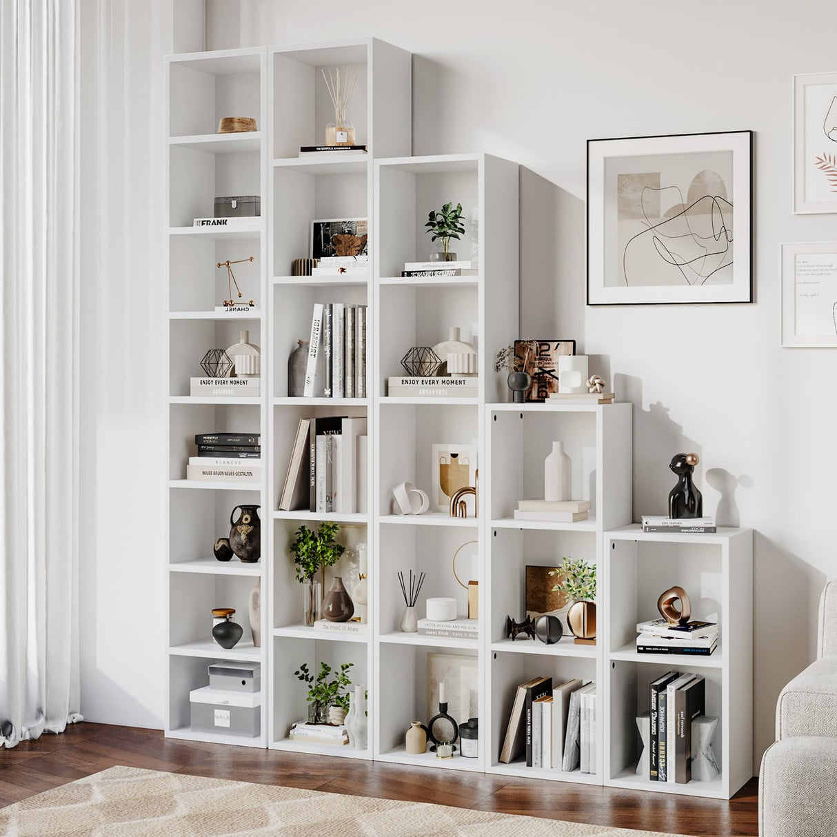 oneinmil 71.5" Tall Narrow Bookshelf, 8-Tier Cube Display Rack, Modern Corner Bookshelf with Storage Space, CD Storage Cabinet for Home Office (White 1 Pack, 8-Tier) oneinmil