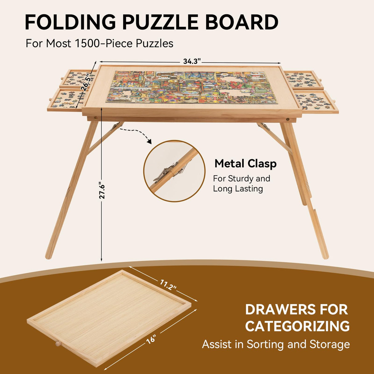 TEAKMAMA 27.6" H Tall Puzzle Board with 4 Drawers, 1500 Piece Puzzle Table with Legs Folding Puzzle Board with Cover, 34.1" W x 26.2" D Large Wood Jigsaw Puzzle Board for Adults, Nature TEAKMAMA