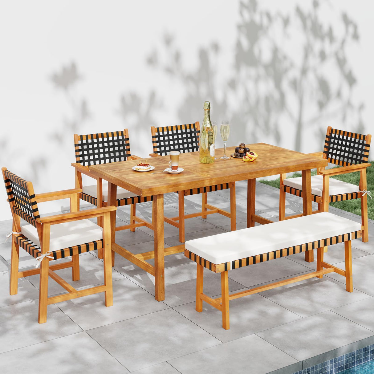 Tangkula 6 Piece Patio Dining Set for 5-6 People, 63” Outdoor Acacia Wood Table with 1.97” Umbrella Hole & Bench & 4 Cushioned Armchairs, for Deck Yard and Poolside Tangkula