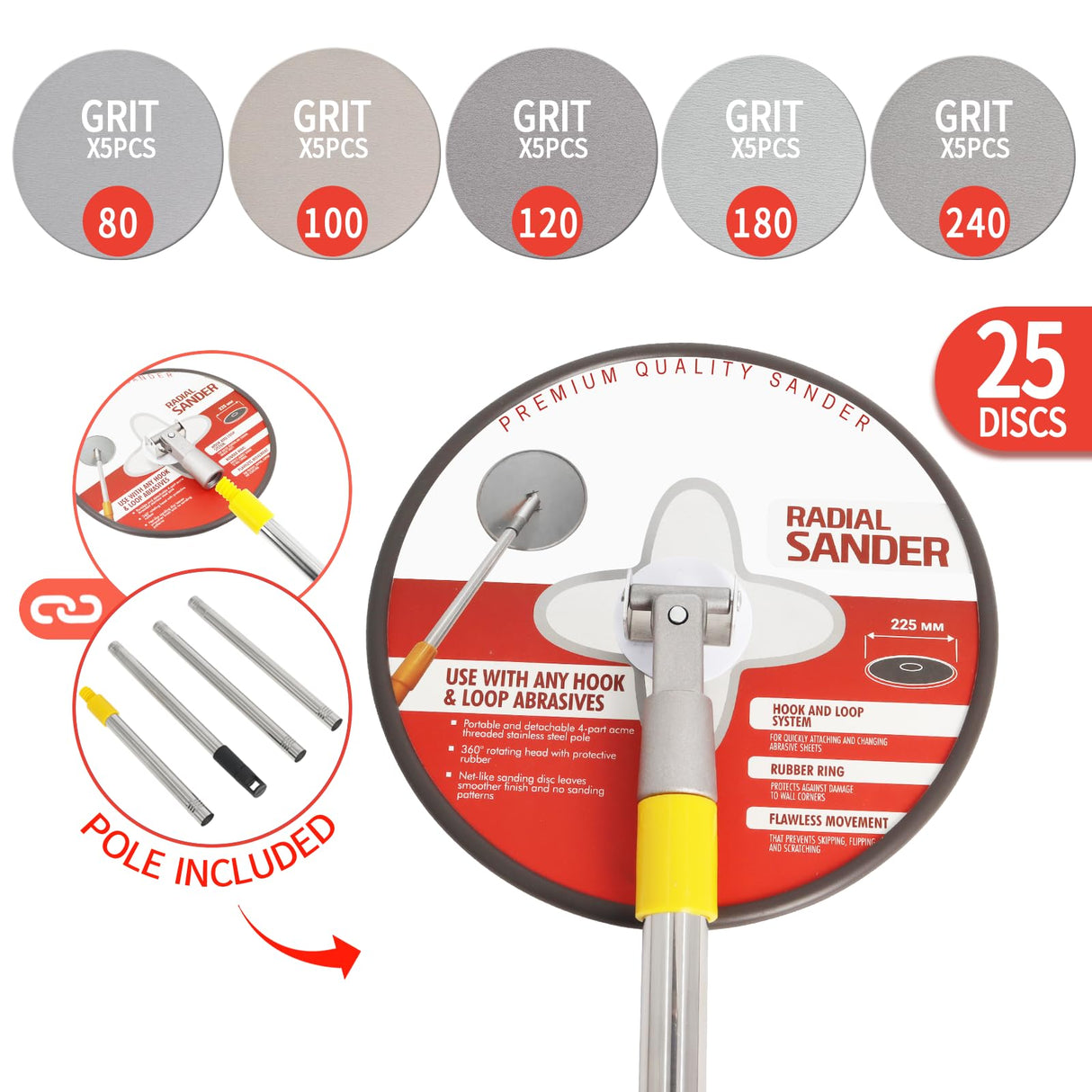 Radial Sander 9 inch,Wall Sander for Painting Prep, Pole Sander for Drywall,360 Degree Rotary Round Circular Hand Sanding Head for Dry Wall and Ceilings+ 25pcs Wall Sanding Discs Poweka