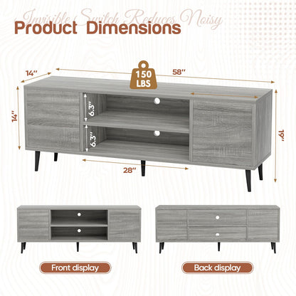 YESHOMY Modern TV Stand for 65" Television, Entertainment Center with Two Storage Cabinets, Retro Style Media Console for Living Room, Bedroom, Office, 58 Inch, Light Gray