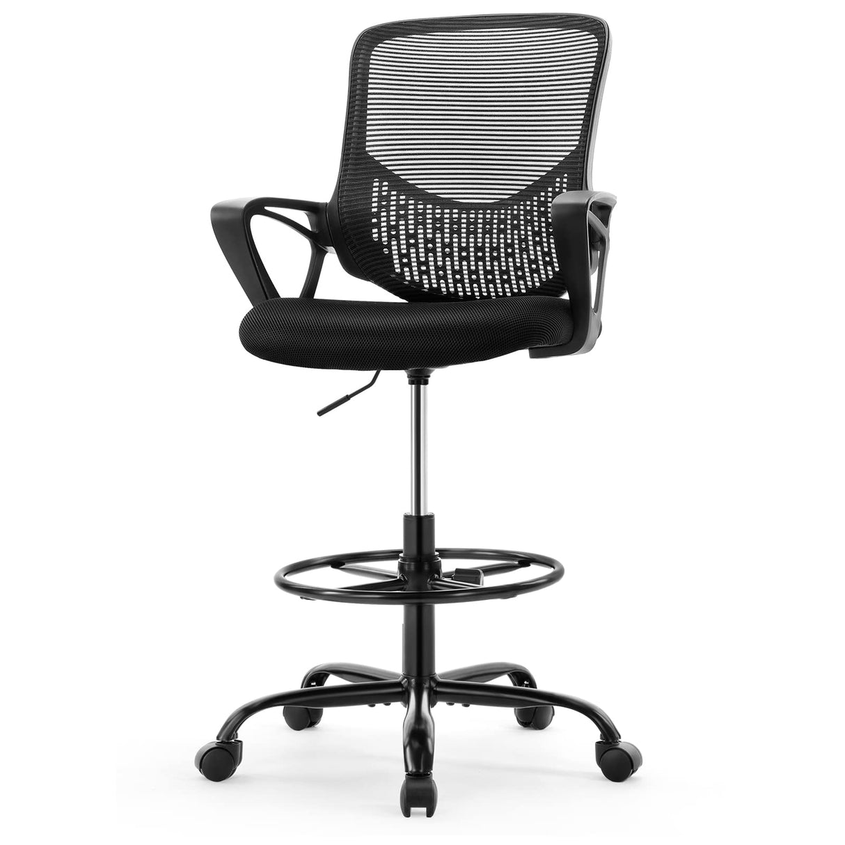 JHK Drafting Home Office Tall Computer Standing Desk Task Chair with Adjustable Foot Ring and Armrest, Breathable Mesh, Ergonomic Lumbar Support, 360° Swivel Rolling for Adult, Black JHK