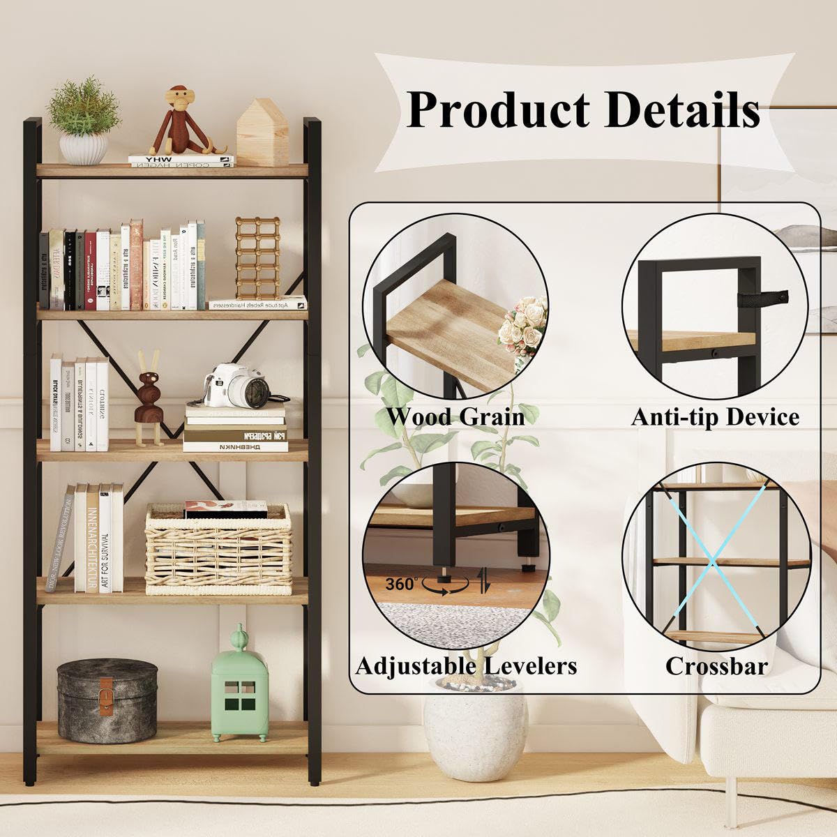 FATORRI 5-Tier Rustic Oak Industrial Bookshelf – Stylish Wood and Metal Etagere Bookcase FATORRI