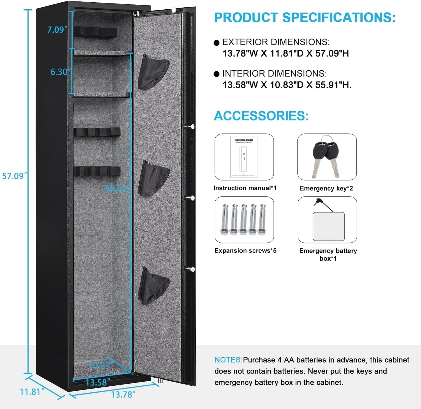 Omethey 57.09'' Fireproof Gun Safe, Quick Access 5 Rifle Gun Safe, Gun Safe for Home Rifle and Pistols with LCD Screen Keypad and Silent Mode, for Rifles, Shotguns, Pistols