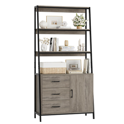 HITHOS 69" Tall Bookshelf, Industrial 4-Tier Bookcase with Wooden Drawers and Ladder Shelves, Free Standing Storage Cabinet Kitchen Bakers Rack with Microwave Oven Stand for Home Office, Ash Grey