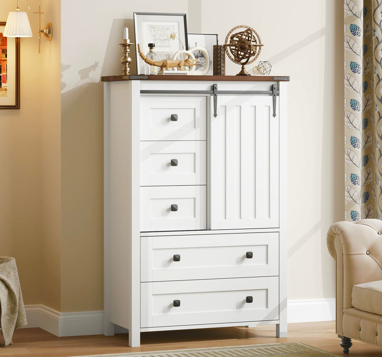 IDEALHOUSE Farmhouse 5 Drawer Dresser for Bedroom, 48" Tall Wood Dresser Chest of Drawer with Sliding Barn Door, Adjustable Shelf, Storage Organizer for Bedroom, Hallway, Living Room, Kitchen, White IDEALHOUSE