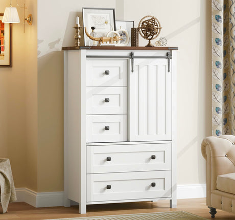 GarveeHome Farmhouse 5 Drawer Dresser for Bedroom, 48 in Tall Wood Dresser Chest of Drawer with Sliding Barn Door, Adjustable Shelf, Storage Organizer for Bedroom, Hallway, Living Room, Kitchen, White GarveeHome