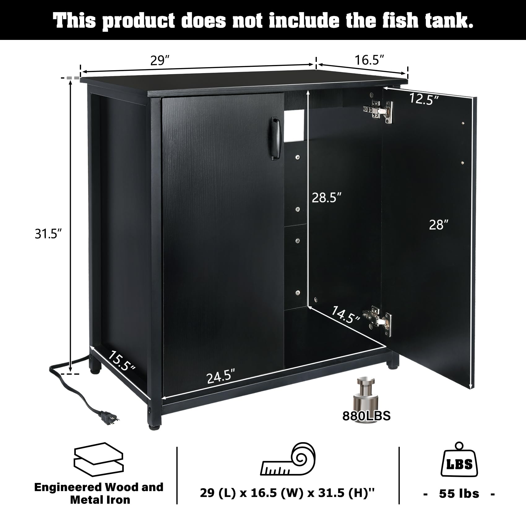 TC-HOMENY 10-29 Gallon Aquarium Stand with Charging Station and Cable Holes, Metal Fish Tank Stand with Storage Cabinet, 29" L x 16.5" W Tabletop, 880LBS Capacity, Fit for Living Room - WoodArtSupply