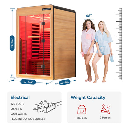 WOODBRIDGE Infrared Home Sauna Room 2 Person Hemlock Wooden Indoor Sauna,7 Carbon 2230W/120V Heaters,with Led Color Therapy Light,Bluetooth Speaker,Tempered Glass,Touch-Tone Keypad and A Top Vent