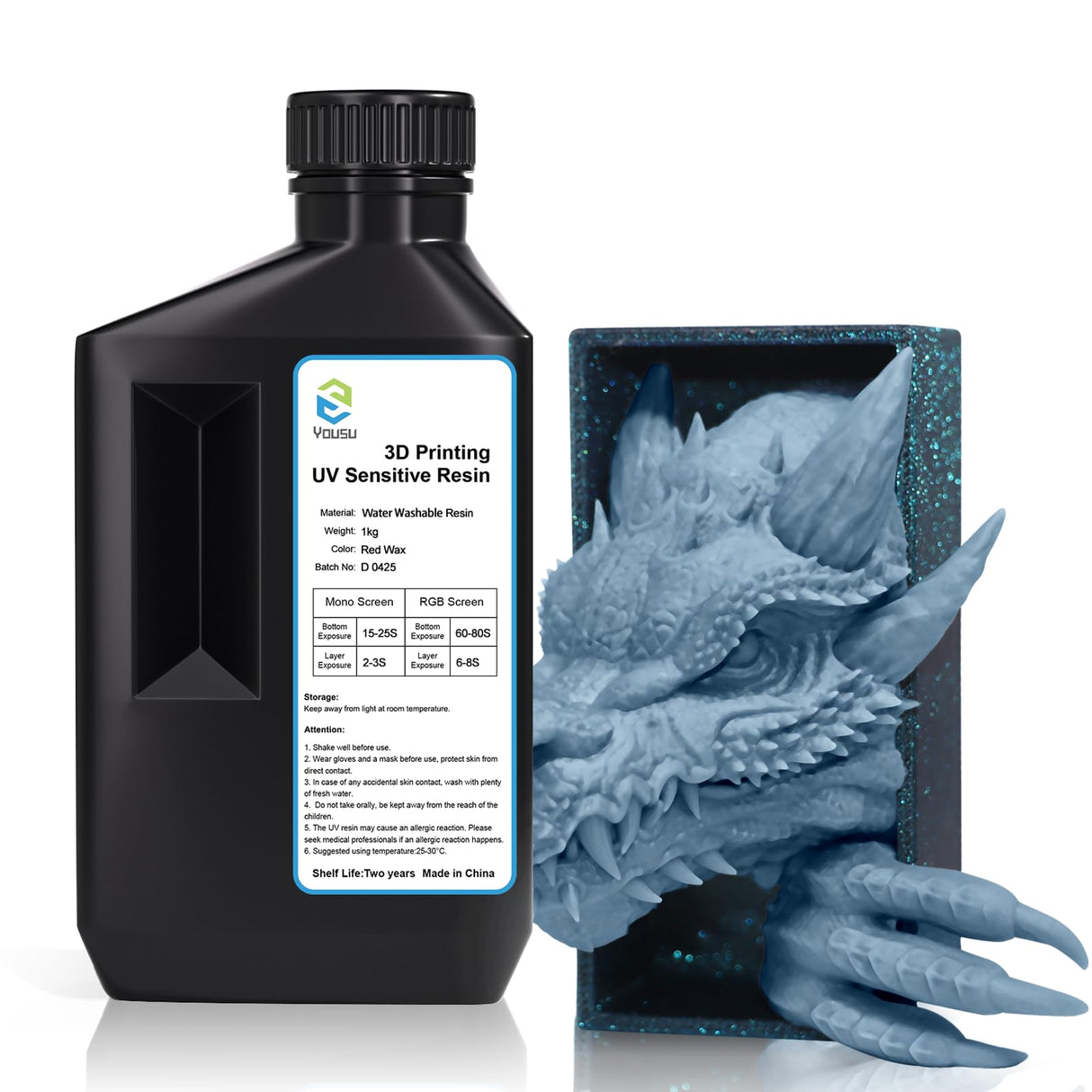 YOUSU Water-Washable Low Odor LCD 3D Printer Resin UV-Curing 405nm 3D Resin Suitable for Mono Screen and RGB Screen High Resolution 3D Printing Liquid Gray Color 1000g Yousu