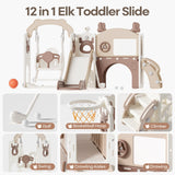 Mloong 12 in 1 Toddler Slide and Swing Set, Kids Slide for Toddlers 1-3 Years Old Baby, Indoor Outdoor with Basketball Hoop Drawing Golf for Kids Easy Assembly(Beige & Rosy Brown)(82×67×41in) mloong